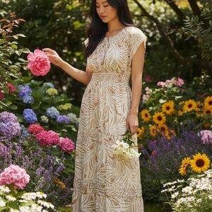 Nicole Miller Beige Leaf Pattern Maxi Dress